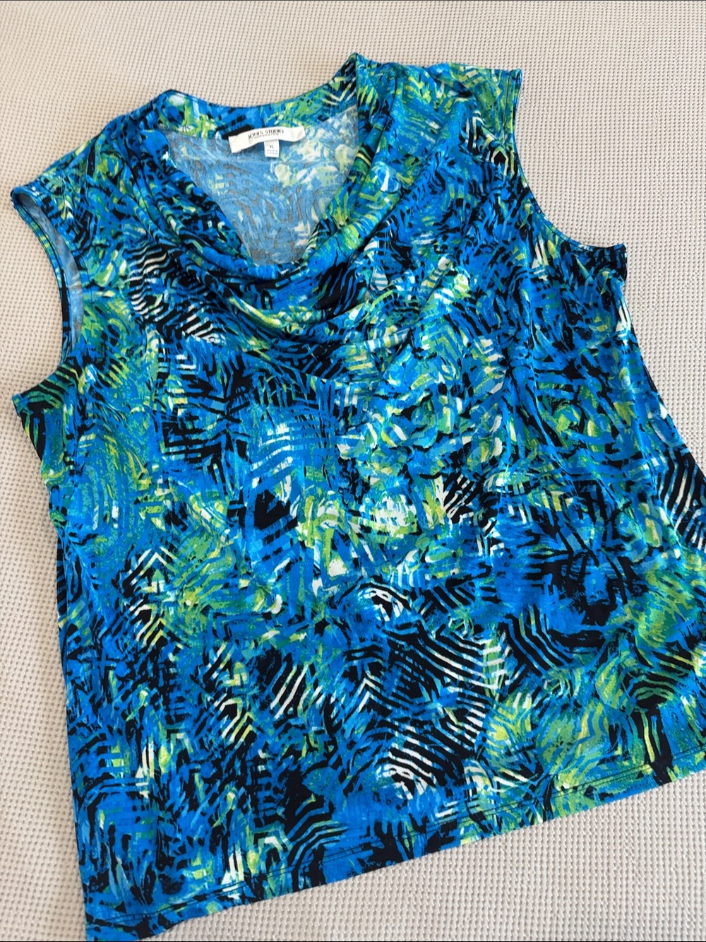 Jones Studio Blue & Green Printed Sleeveless Cowl Neck Blouse